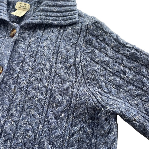 LL Bean Vintage L Blue Cable Knit Wool Bl Buttons Chunky Cardigan Sweater Granny - Picture 8 of 16